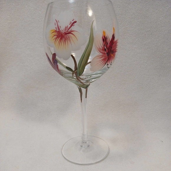 9" Goblet HAND PAINTED WINE GLASS Hawaiian Hibiscus Lilly Flowers - Picture 6 of 15